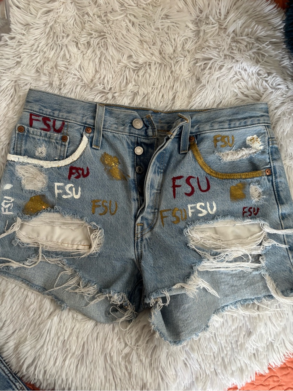 Levi's Light Blue Embroidered & Painted Distressed Denim Shorts